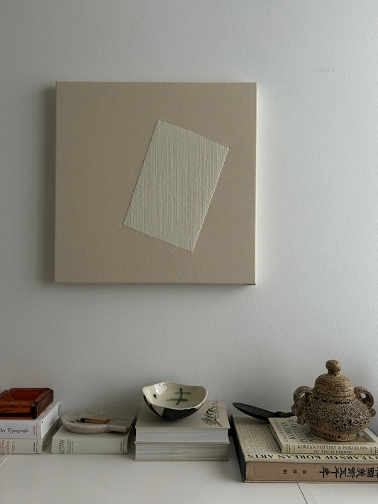 Window 1, Handgesticktes quadratisches Kunstwerk auf Leinwand