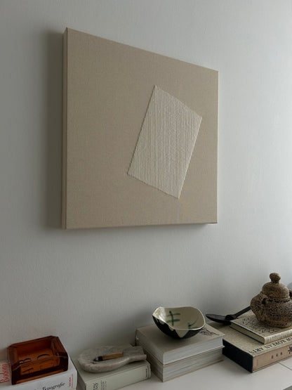 Window 1, Handgesticktes quadratisches Kunstwerk auf Leinwand